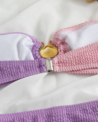 Colorblock Bandeau Crinkle High Rise Bikini Set With Gold Shell Detail - Lilac & Salmon