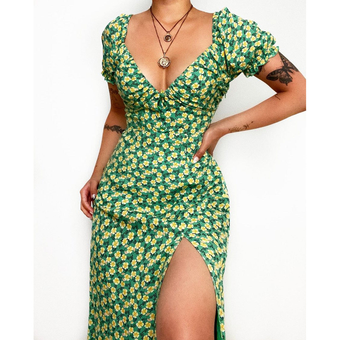 Deep V-Neck Short Sleeve Printed Mini Dress ins