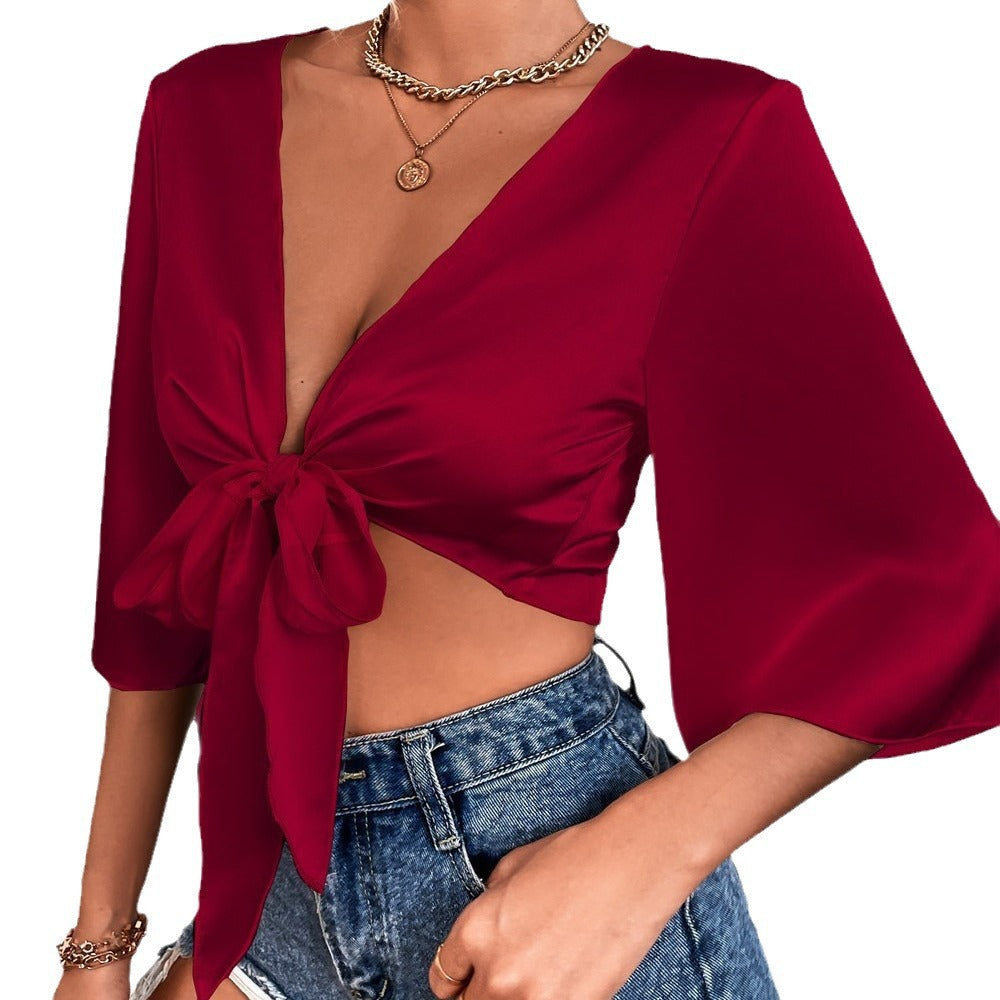 Lisandro Tie Front Kimono Crop Top - White Ins Street