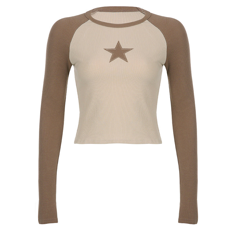 Raglan Sleeve Star Patch Knit Crop Top