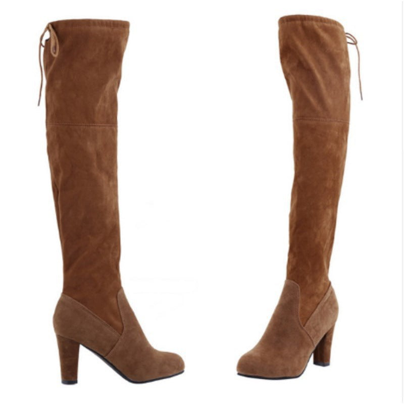 Lace Back Over The Knee Block Heeled Boots