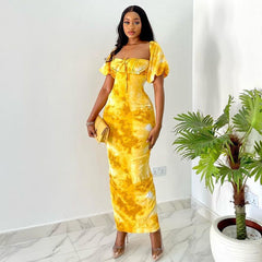 Abbi Cotton Floral Smocked Puff Sleeve Dress - Yellow Multi ENDL-001