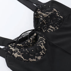 Feminine Lace Trim Sweetheart Tie Front Satin Mini Sundress - Black