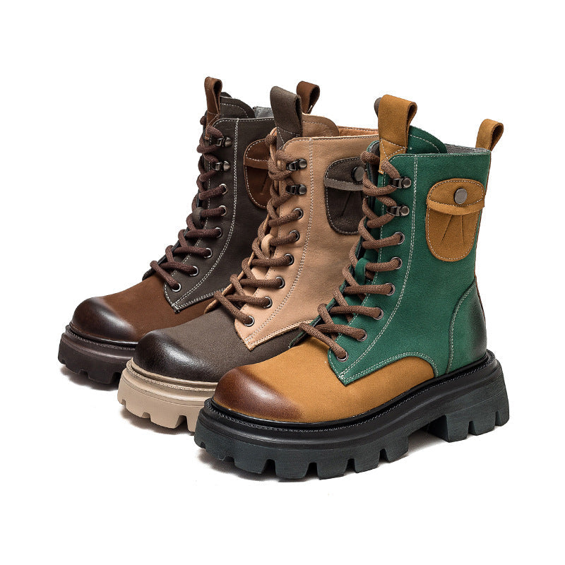 Women Retro Color Matching Patchwork Leather Combat Boots Newgew Shoes