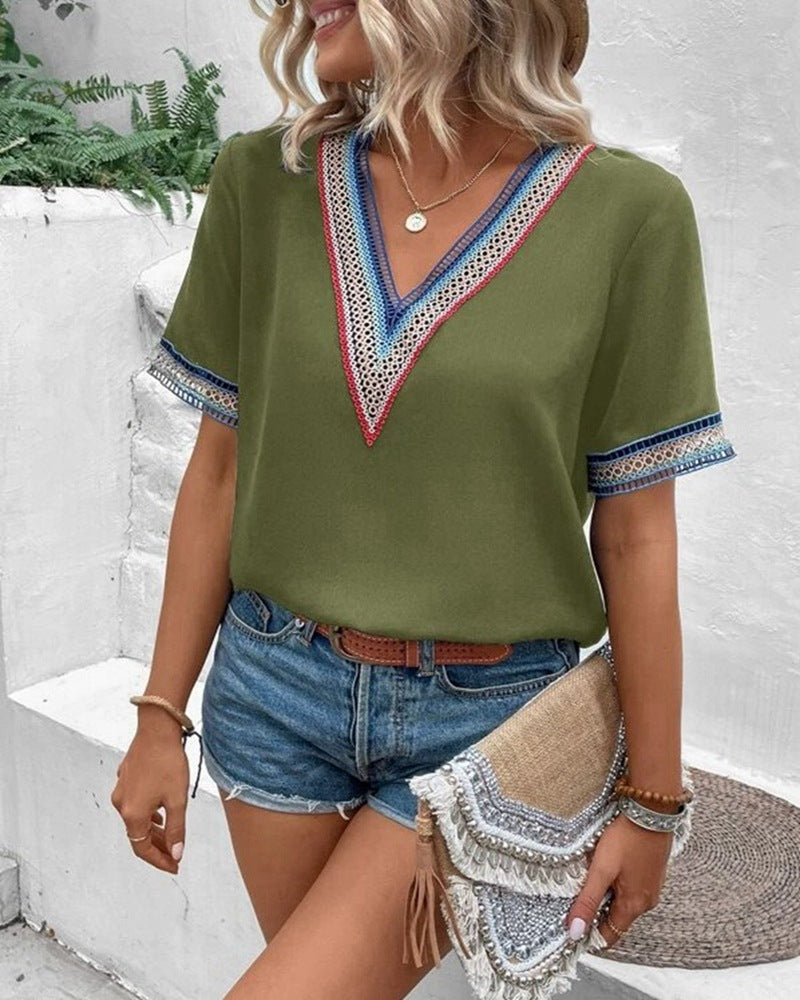 Embroidered Deep V Neck Chiffon Top Ins Street