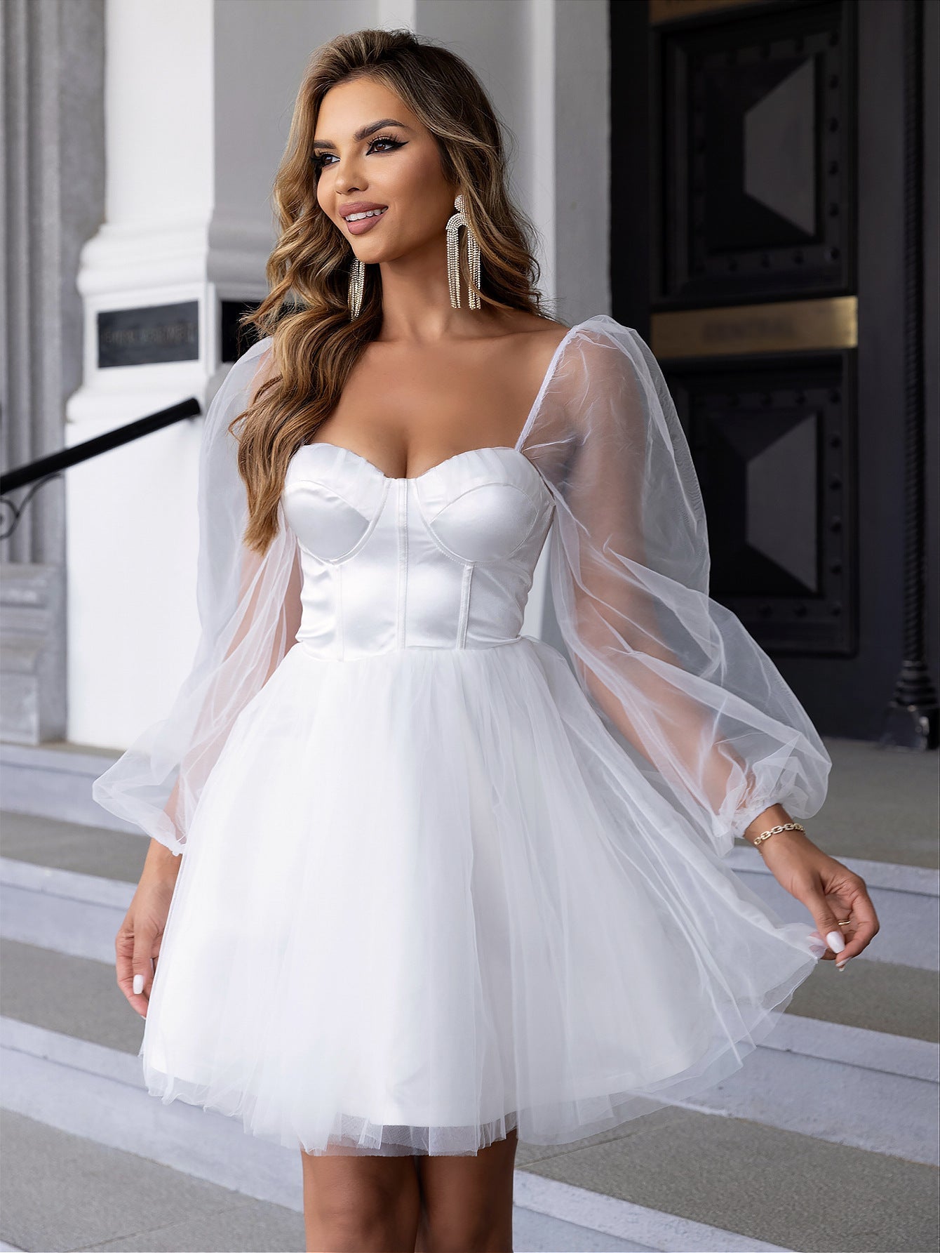 Sweetheart Neck Lantern Sleeve Mesh Overlay Bustier Dress