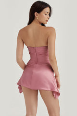 Silky Satin Pleated Trim Corset Strapless Party Mini Dress - Rose