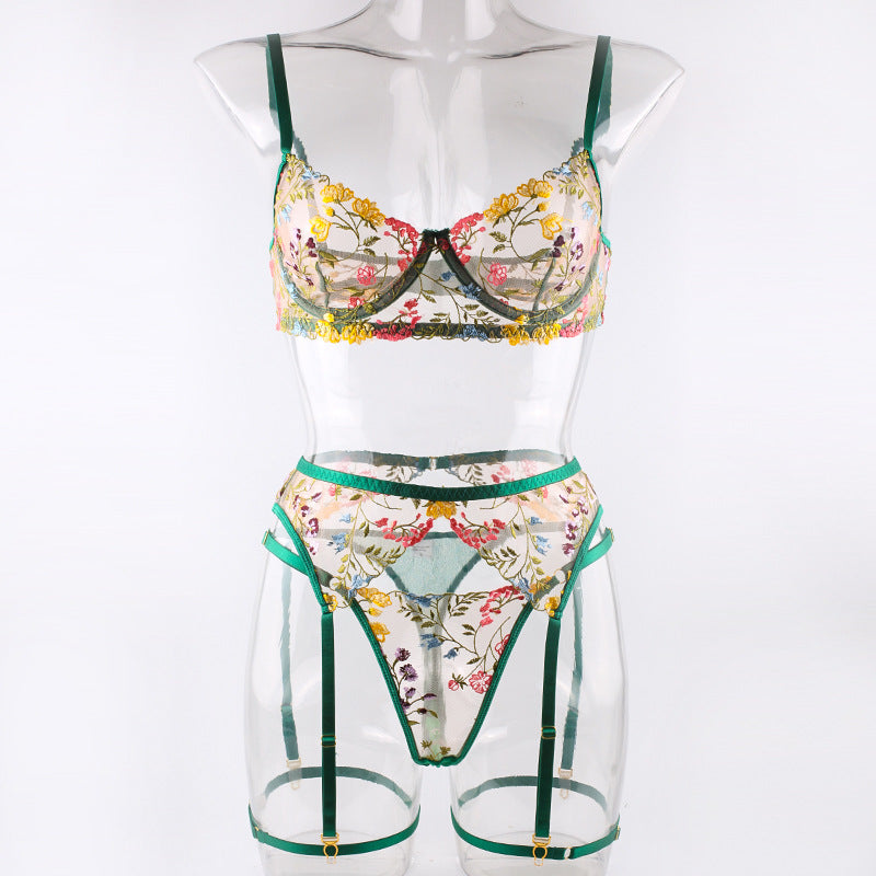 New Flower Embroidery Lingerie Three-Piece Set