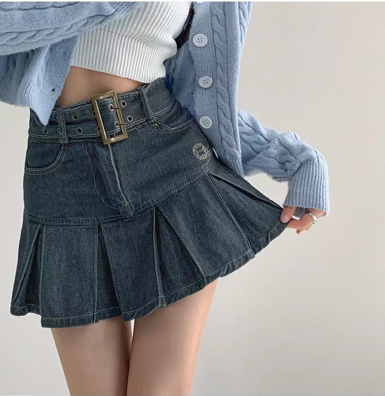 Slim Denim Short Pleated Skirt