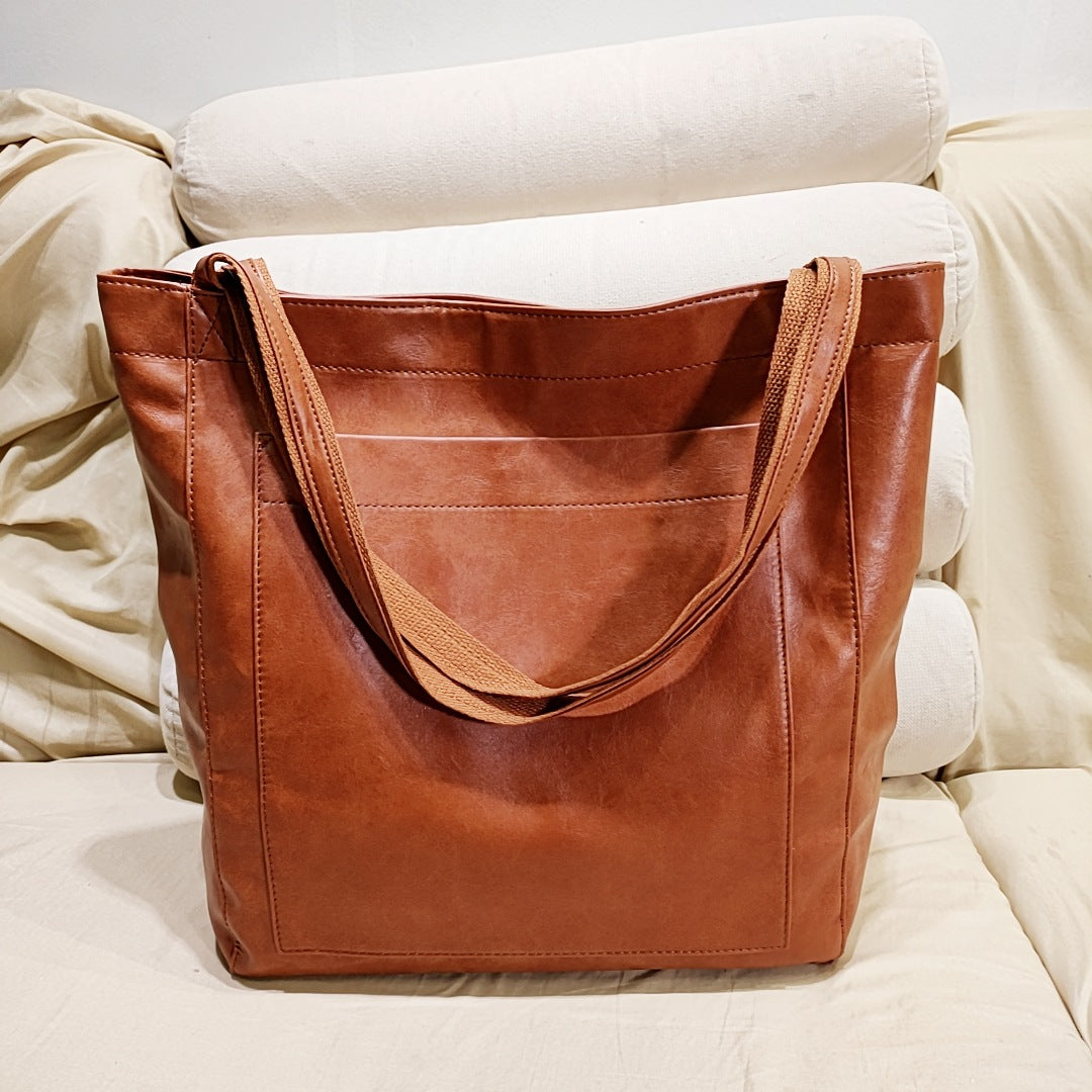 soft leather  with pocket retro oil wax leather large capacity  tote bag