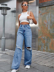 Himmelblaue Destroyed-Jeans mit offenem Knie und weitem Bein