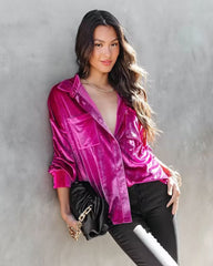 Zamora Pocketed Velvet Button Down Top - Fuchsia