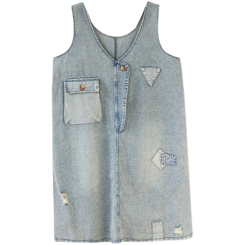 Elegantes blaues Patchwork-Maxi-Slip-Kleid aus Denim mit V-Ausschnitt und Ärmeln