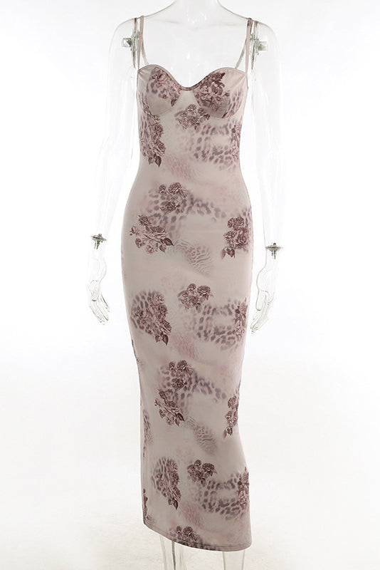 Sweetheart Bodycon Lace Mesh Sleeveless Printed Maxi Dress - Floral