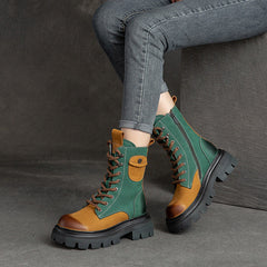 Women Retro Color Matching Patchwork Leather Combat Boots Newgew Shoes