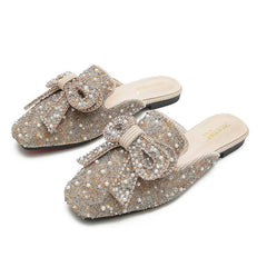 Square toe beaded bowknot flat slippers