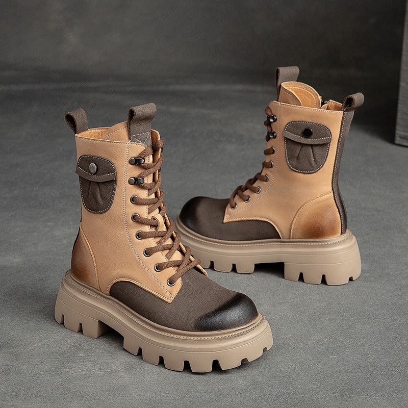 Women Retro Color Matching Patchwork Leather Combat Boots Newgew Shoes