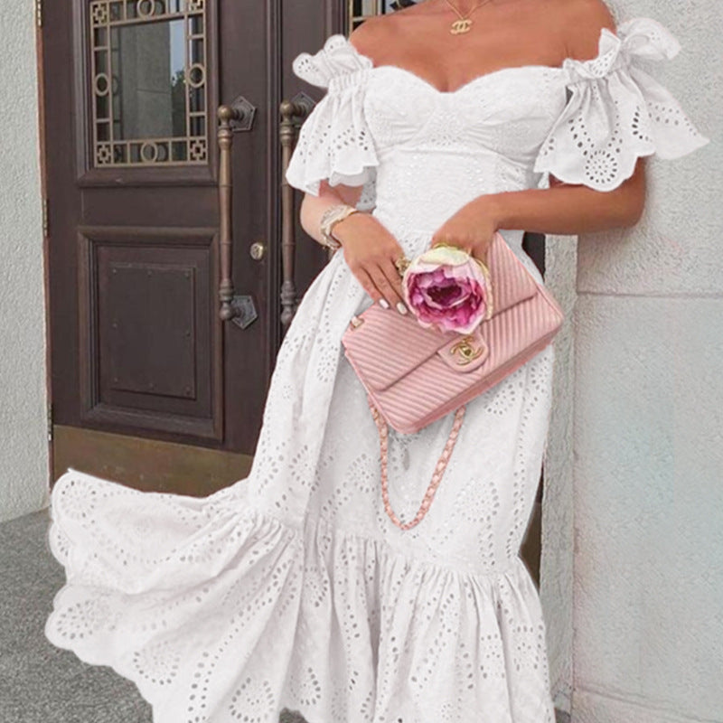 Srping fashion off shoulder off shoulder lace dress women's dress Hip Wrap Ruffle Dress Fall party dress Ins Street