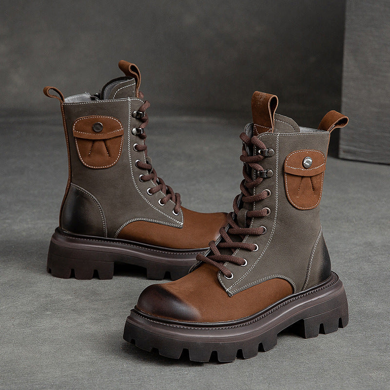 Women Retro Color Matching Patchwork Leather Combat Boots Newgew Shoes