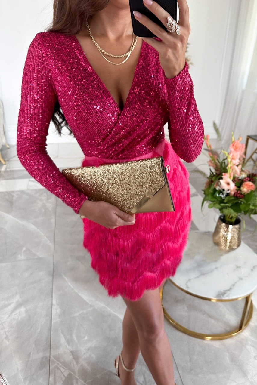 Deep V long-sleeved sequined plush patchwork dress