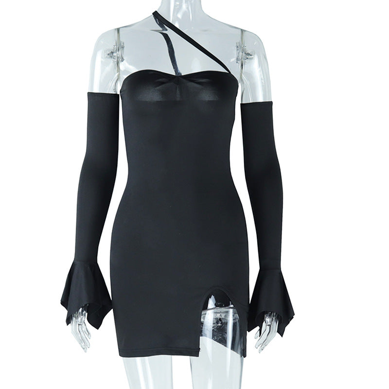 Draped Front Flounce Sleeve Ruched Side Split Hem Mesh Dress