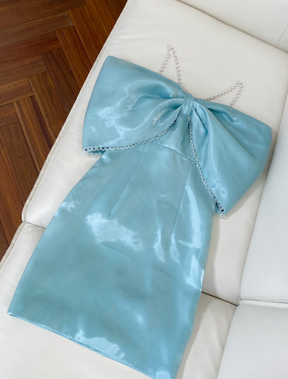 Bow-EmbelliShed Strappy Mini Dress In Sky Blue
