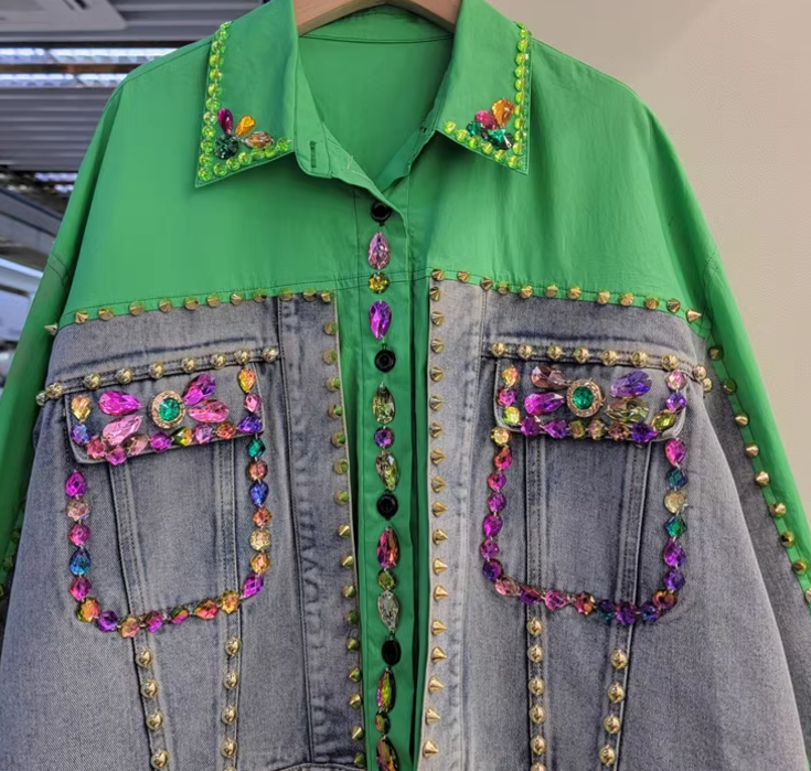 DIY Green Peter Pan Collar False Two Pieces Patchwork Denim Tops Long Sleeve
