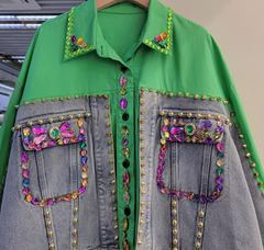 DIY Green Peter Pan Collar False Two Pieces Patchwork Denim Tops Long Sleeve