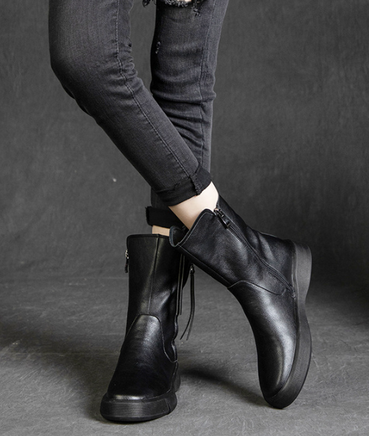 Damen Retro-Stiefel mit halbhohem Schaft für den Winter, Stiefel mit seitlichem Reißverschluss, Schwarz/Khaki