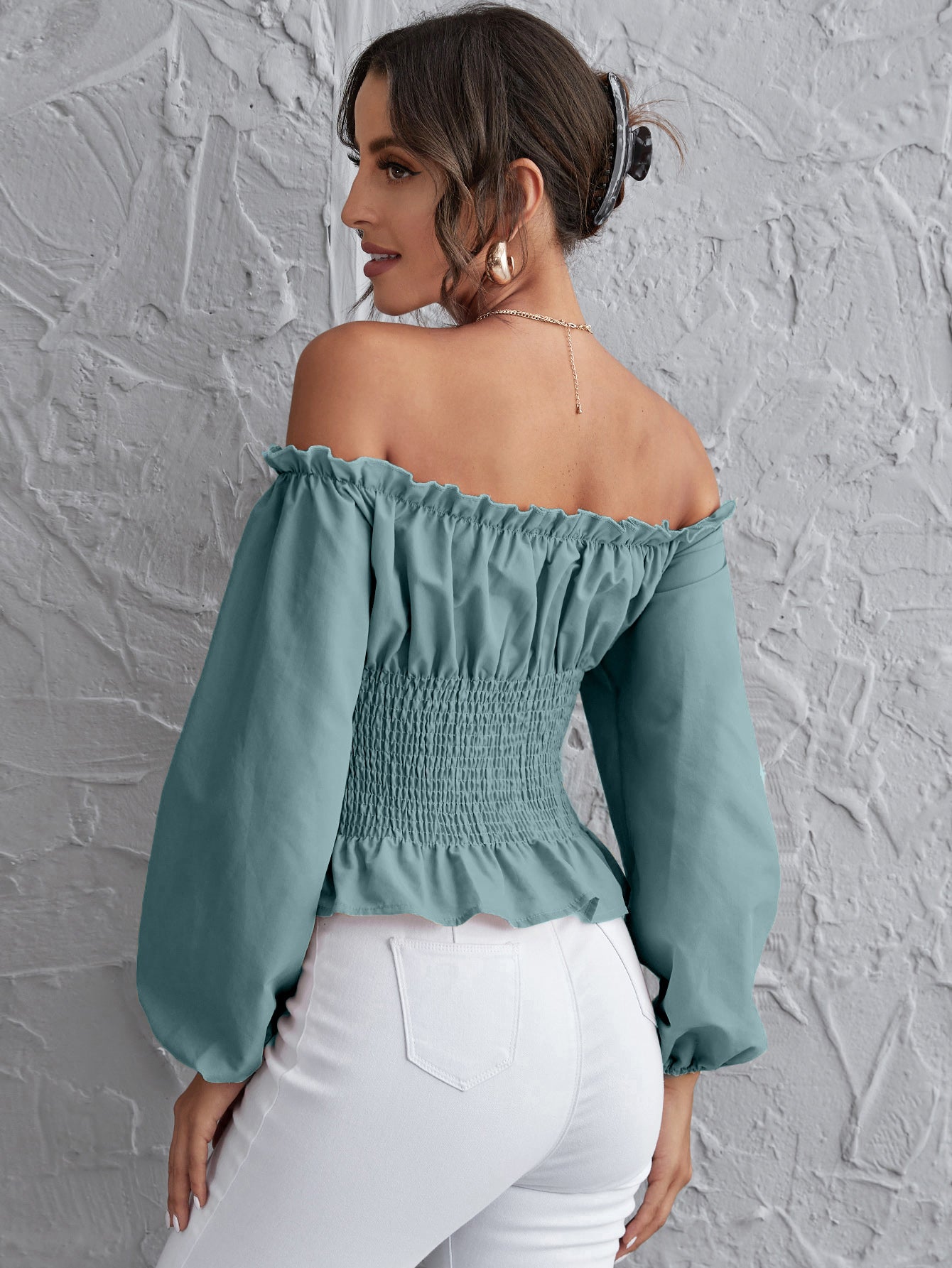 Off Shoulder Lace Up Ruffle Hem Peplum Top Sai Feel