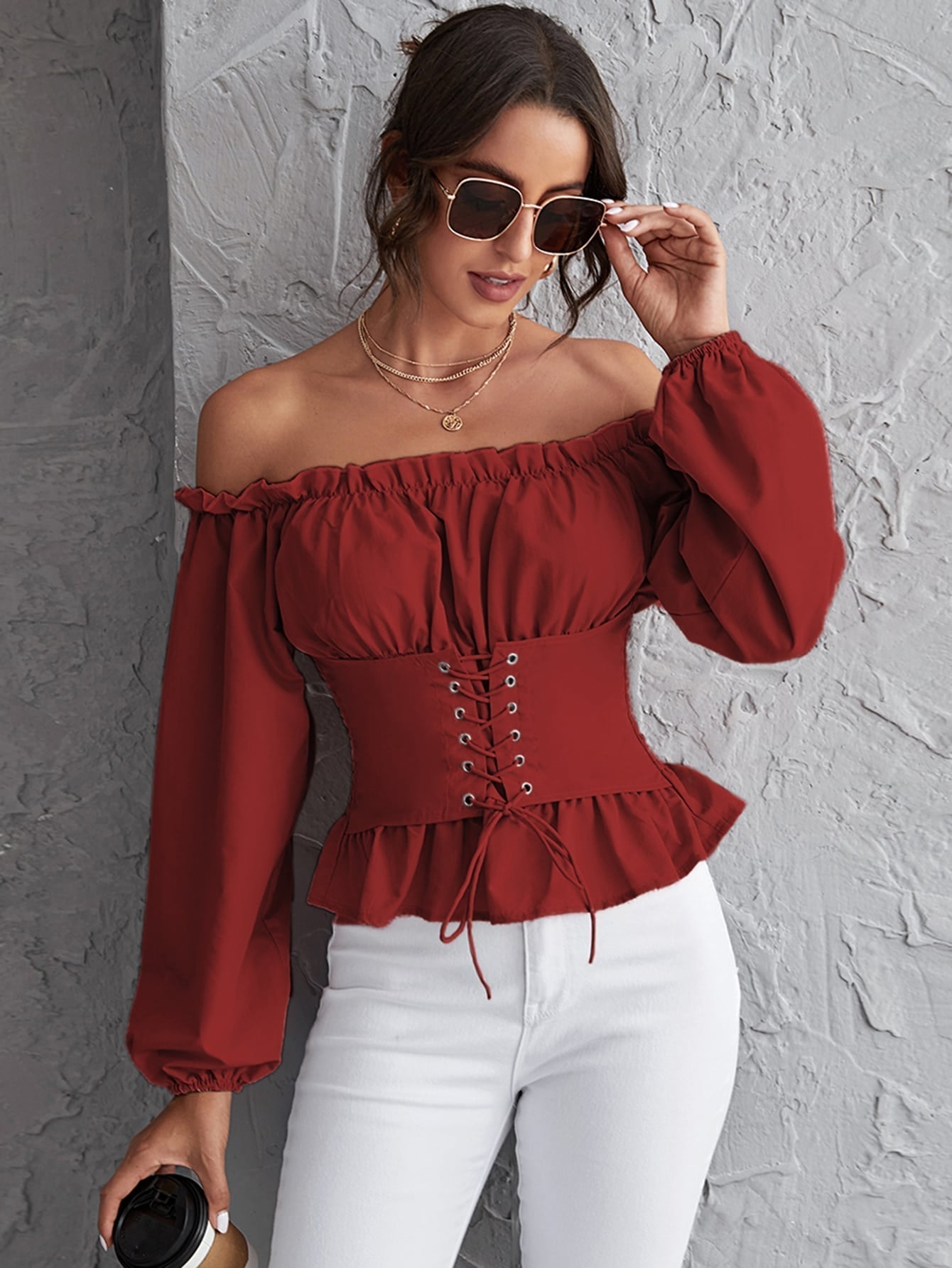 Off Shoulder Lace Up Ruffle Hem Peplum Top Sai Feel