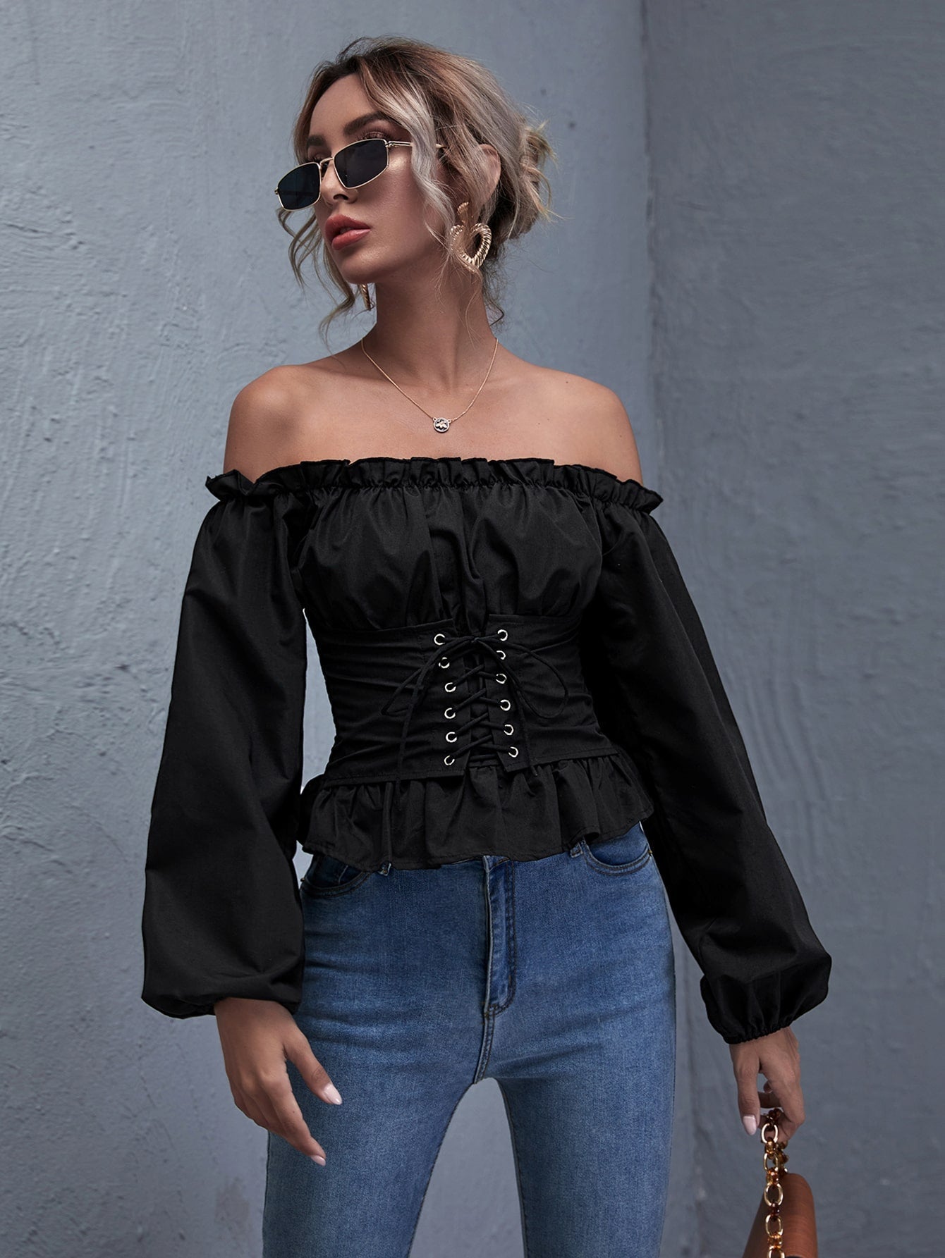 Off Shoulder Lace Up Ruffle Hem Peplum Top Sai Feel
