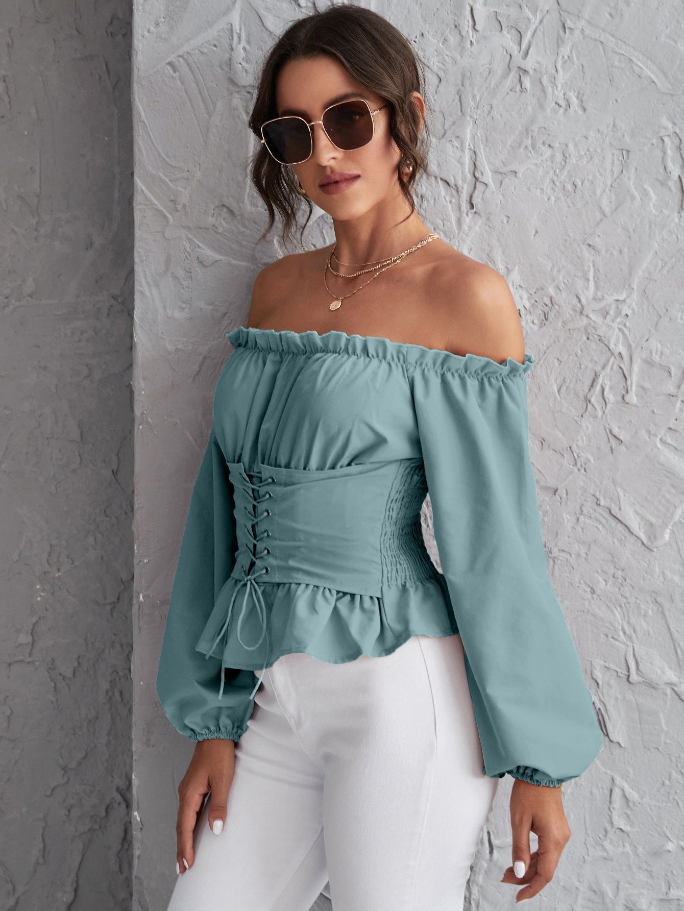 Off Shoulder Lace Up Ruffle Hem Peplum Top Sai Feel
