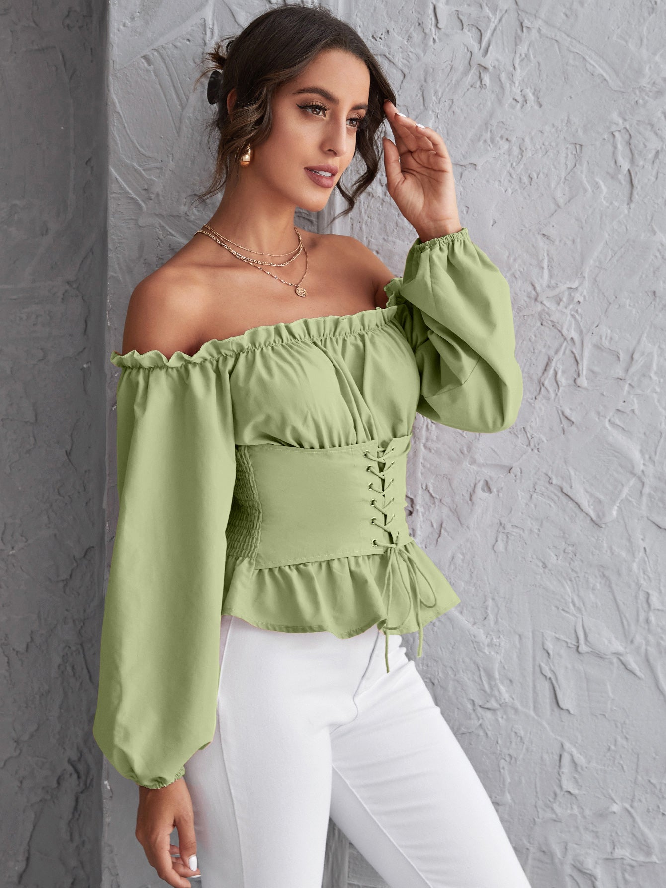 Off Shoulder Lace Up Ruffle Hem Peplum Top Sai Feel