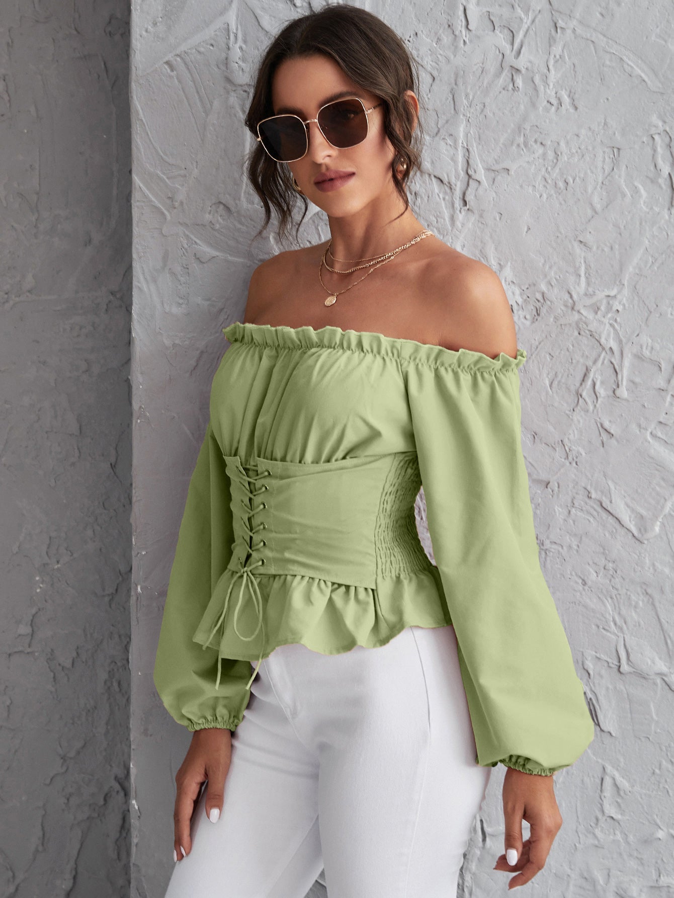 Off Shoulder Lace Up Ruffle Hem Peplum Top Sai Feel
