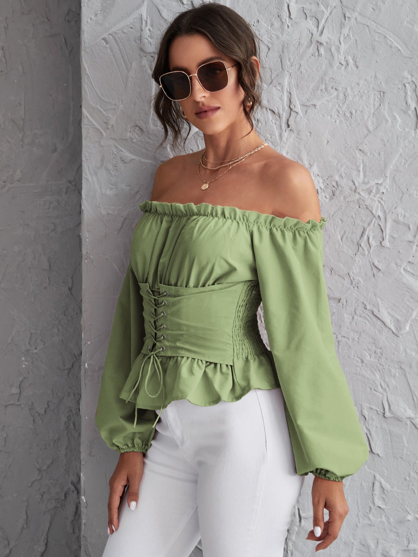 Off Shoulder Lace Up Ruffle Hem Peplum Top Sai Feel