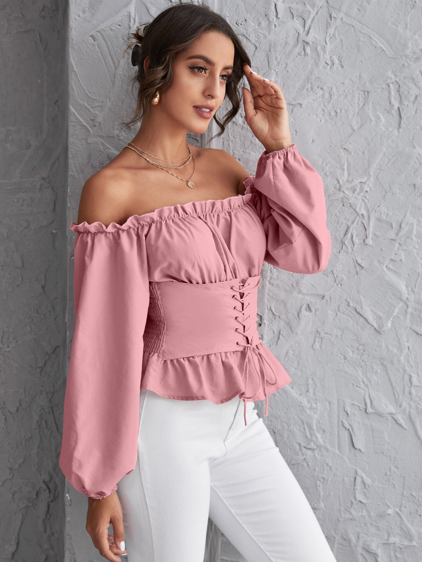 Off Shoulder Lace Up Ruffle Hem Peplum Top Sai Feel