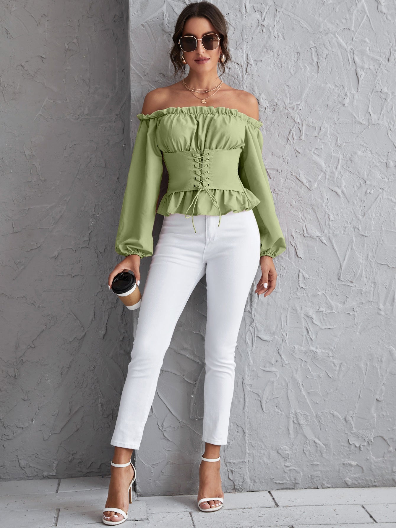 Off Shoulder Lace Up Ruffle Hem Peplum Top Sai Feel