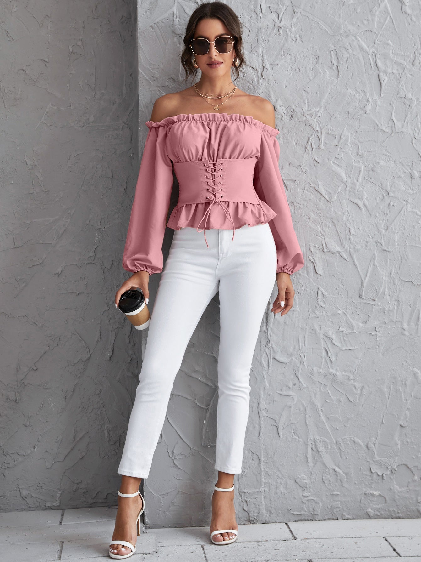 Off Shoulder Lace Up Ruffle Hem Peplum Top Sai Feel