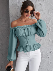 Off Shoulder Lace Up Ruffle Hem Peplum Top Sai Feel