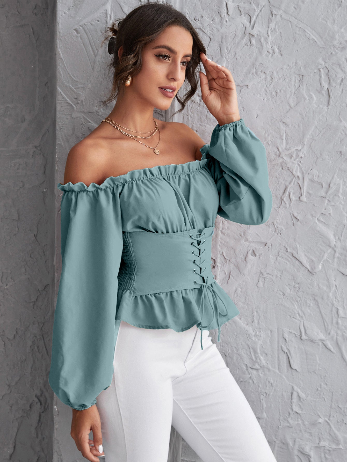 Off Shoulder Lace Up Ruffle Hem Peplum Top Sai Feel