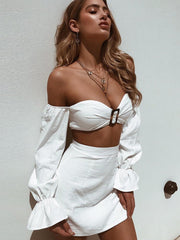 Off Shoulder Lantern Sleeve Crop Top & Skirt Set Sai Feel