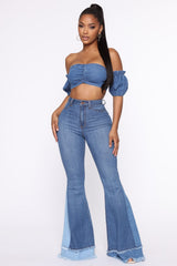 Only The Best Vibes Bell Bottom Jeans - Medium Blue Wash Sai Feel