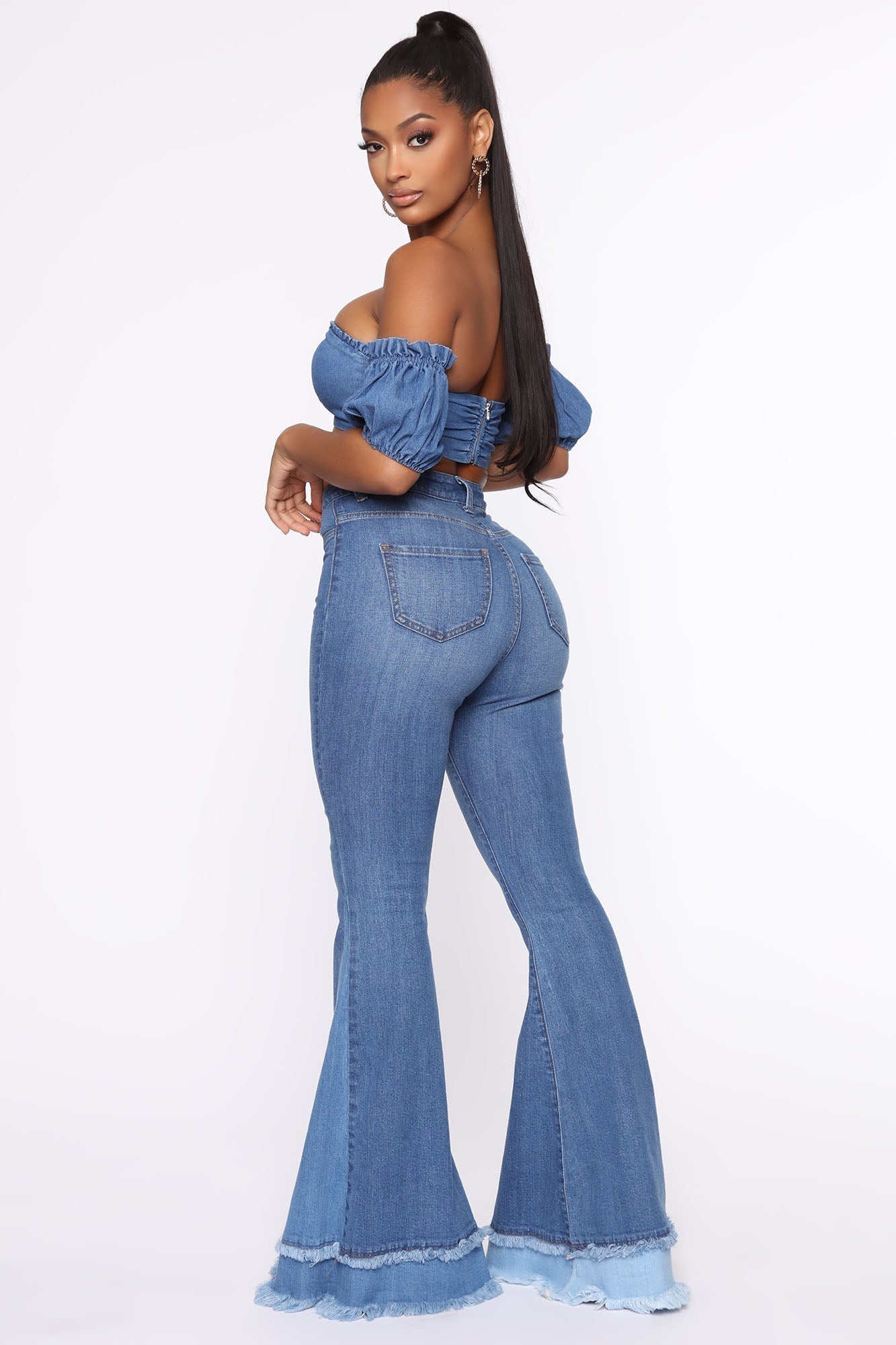 Only The Best Vibes Bell Bottom Jeans - Medium Blue Wash Sai Feel
