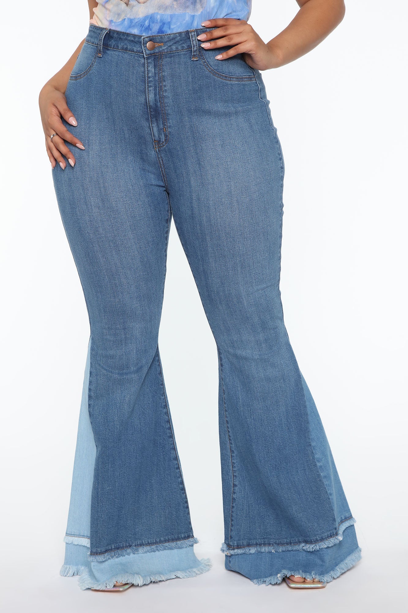 Only The Best Vibes Bell Bottom Jeans - Medium Blue Wash Sai Feel