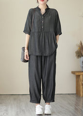 Bio-Grau V-Ausschnitt Patchwork Wrinkled Denim Zweiteiler Kleidung