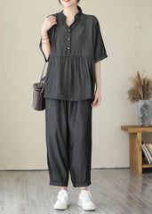 Bio-Grau V-Ausschnitt Patchwork Wrinkled Denim Zweiteiler Kleidung