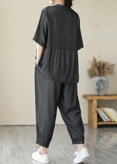 Bio-Grau V-Ausschnitt Patchwork Wrinkled Denim Zweiteiler Kleidung