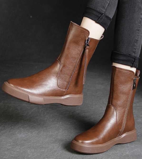Damen Retro-Stiefel mit halbhohem Schaft für den Winter, Stiefel mit seitlichem Reißverschluss, Schwarz/Khaki