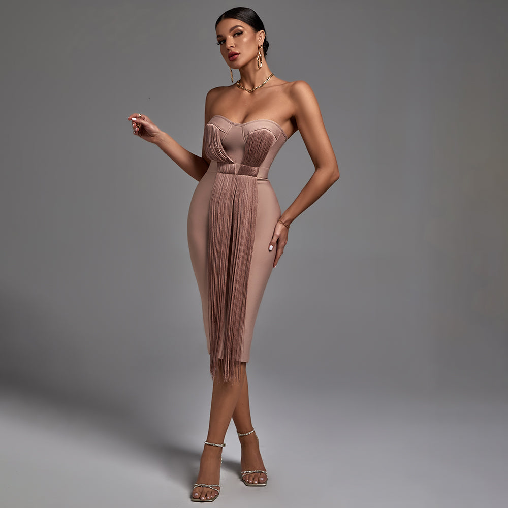 Strapless Sleeveless Tassels Over Knee Bandage Dress Ins Street